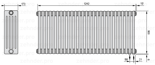 Схема (чертеж) Радиатор Zehnder Charleston 5090/27 №5510 Белый глянцевый RAL 9016